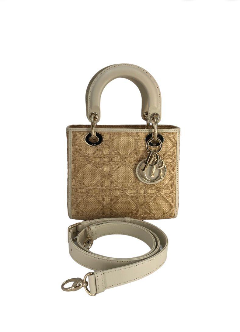Christian Dior Raffia and Leather Small Lady Dior Tote
