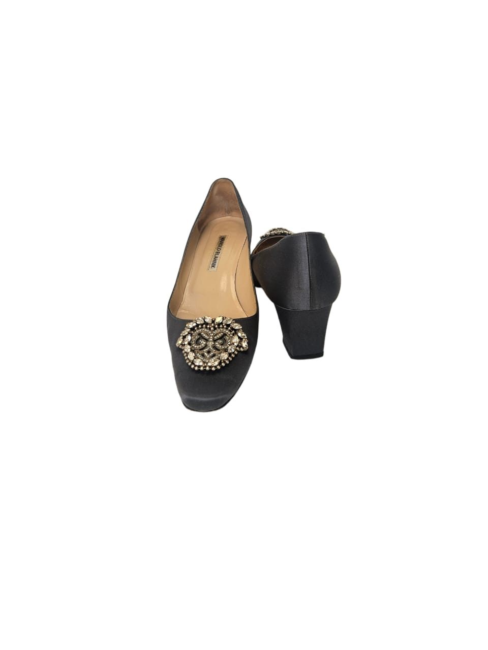 Manolo Blahnik Grey Satin Okkava Crystal Embellished 50mm Pumps Shoes Size 40