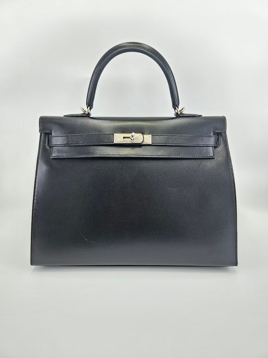 Hermes Black Box Leather Kelly 35 Guilloche Hardware Bag