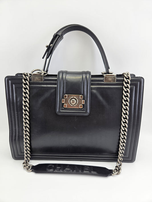 Chanel Black Glazed Leather Boy Tote Bag