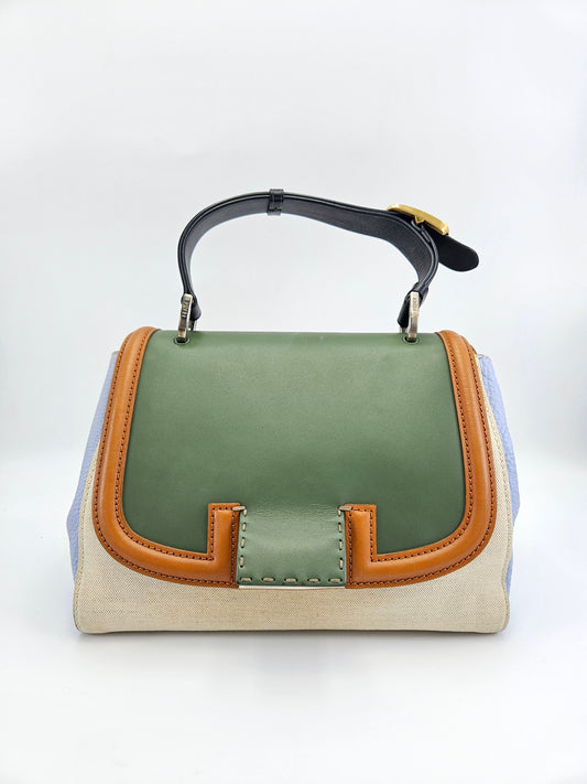 Fendi Silvana Flap Leather Canvas Satchel