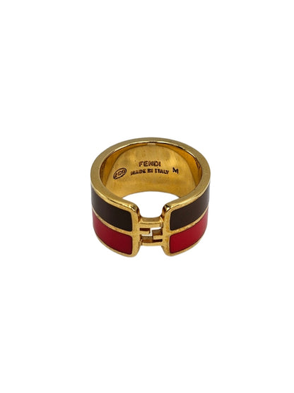 Fendi The Fendista Bicolor Enamel Gold Tone Wide Band Ring