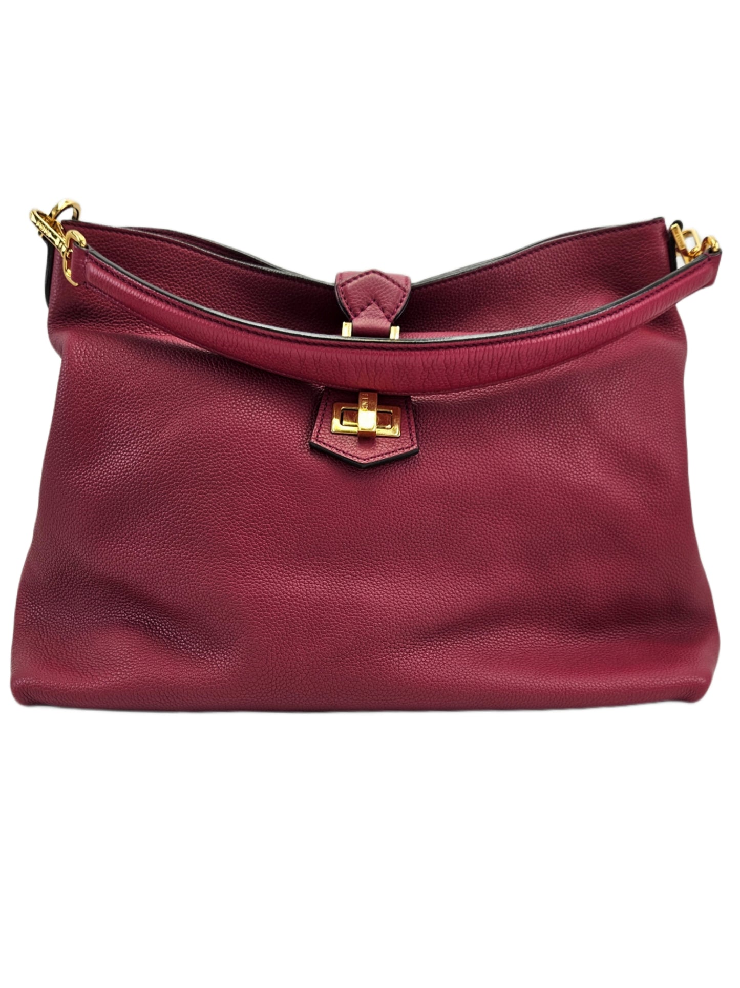 Fendi-Clasp-Top Leather Hobo Bag Red