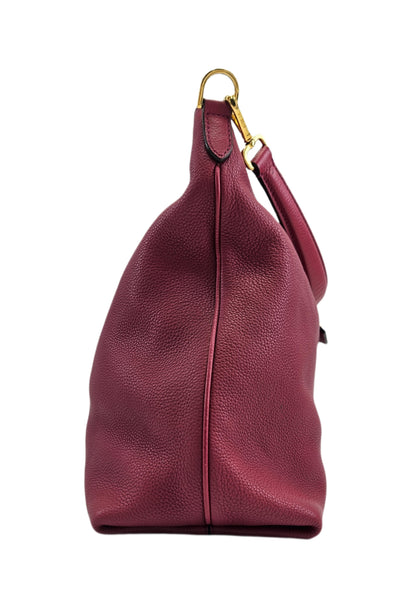 Fendi-Clasp-Top Leather Hobo Bag Red