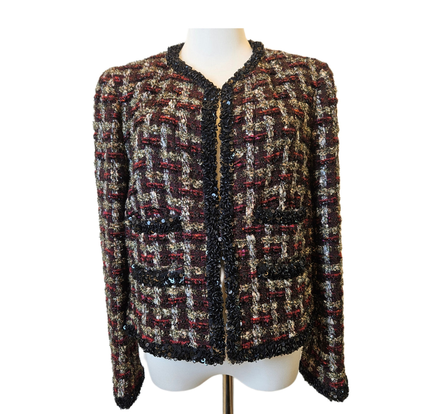 Chanel 2002 Fall Cropped Holiday Tweed Jacket W Matte and Shiny Sequin Trim