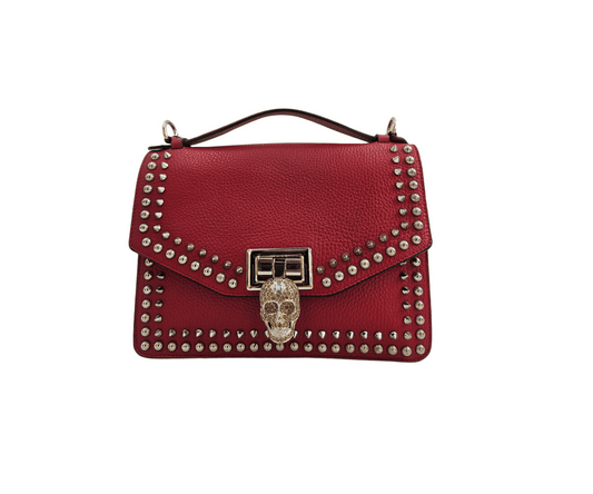 Philipp Plein Red Crystal/Studded Embellishment Skull Leather Top Handle Bag