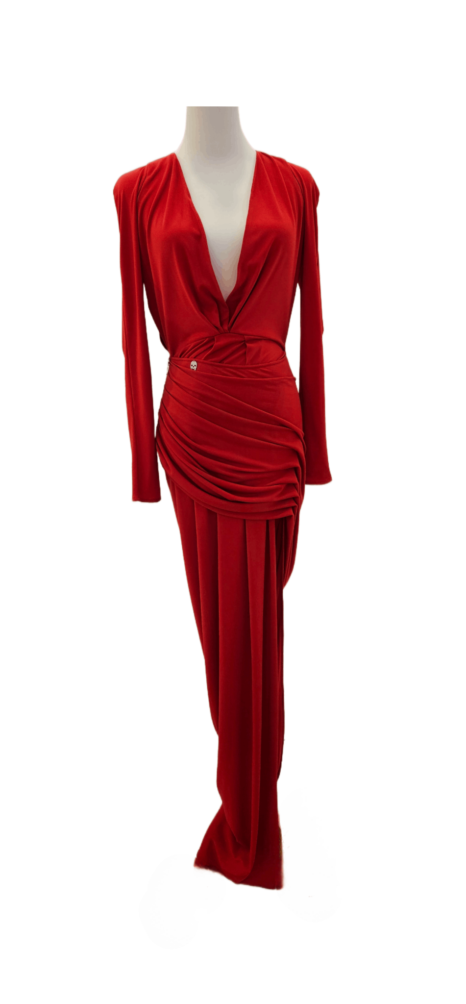 Philipp Plein Red Cold Shoulder Deep V Ruched Gown Size Small