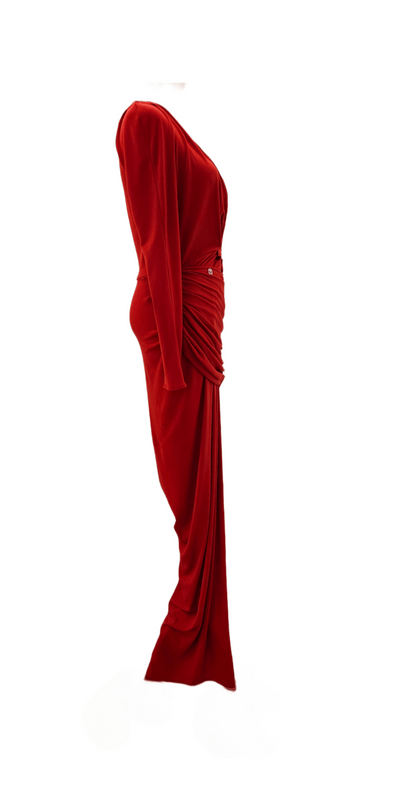 Philipp Plein Red Cold Shoulder Deep V Ruched Gown Size Small