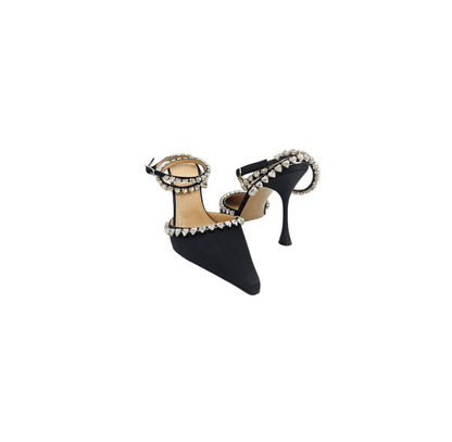 Mach & Mach Black Satin Crystal Embellished Ankle Strap Pumps Size EU 39