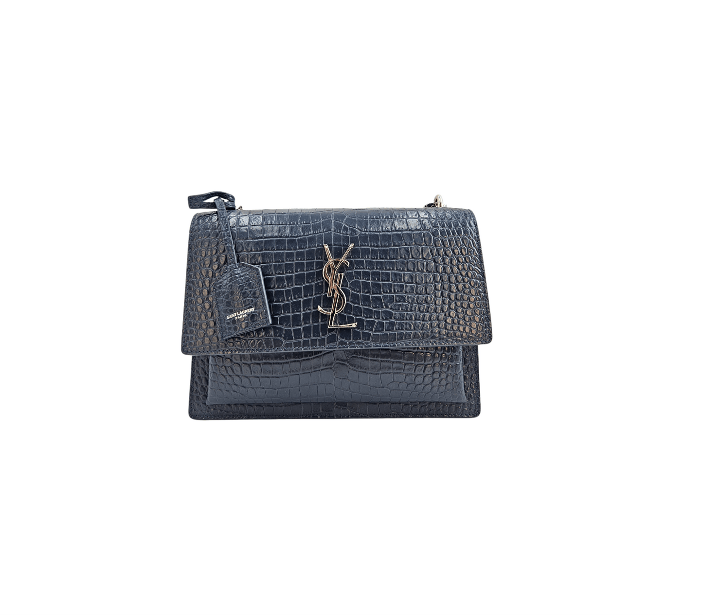 Saint Laurent Navy Blue Medium Croc Embossed Leather Sunset Bag