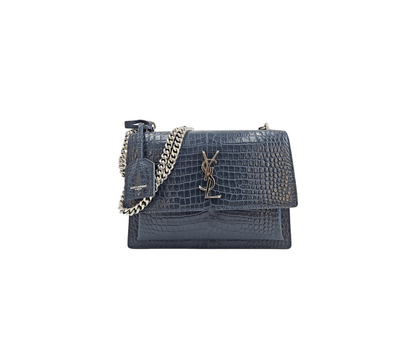 Saint Laurent Navy Blue Medium Croc Embossed Leather Sunset Bag