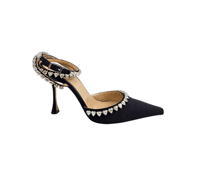 Mach & Mach Black Satin Crystal Embellished Ankle Strap Pumps Size EU 39