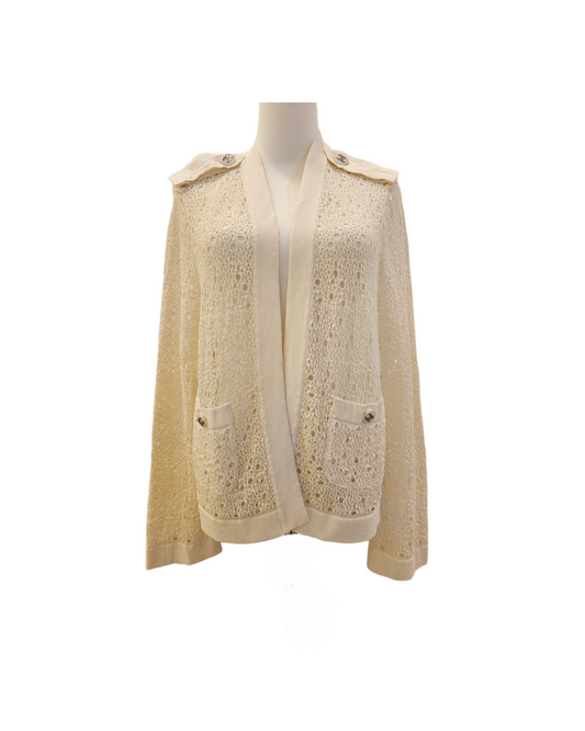 Chanel Off-white Perforated Crochet Knit Open Front Cardigan