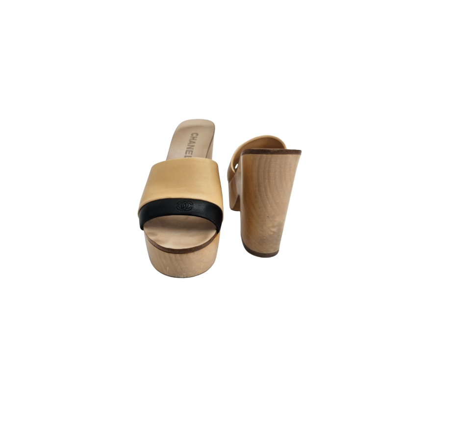 Chanel Open Toe Wooden Clogs Size 38