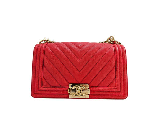 Chanel Red Chevron Leather Boy Medium Flap Bag