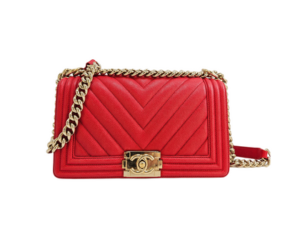 Chanel Red Chevron Leather Boy Medium Flap Bag