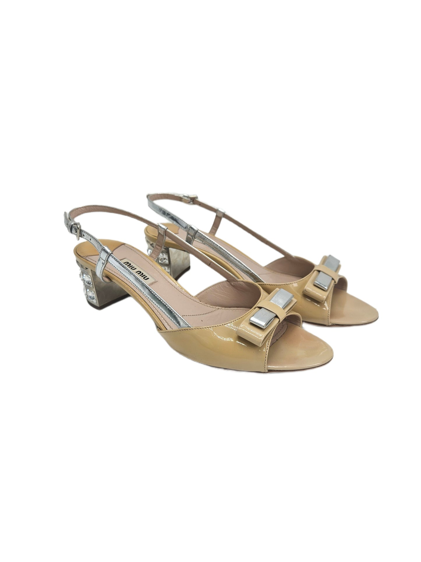 Miu Miu Patent Bow Jewelled Heel Slingback Sandal 38 EU