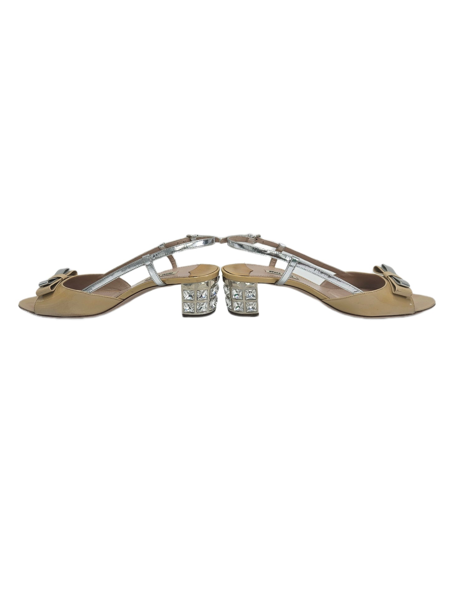 Miu Miu Patent Bow Jewelled Heel Slingback Sandal 38 EU