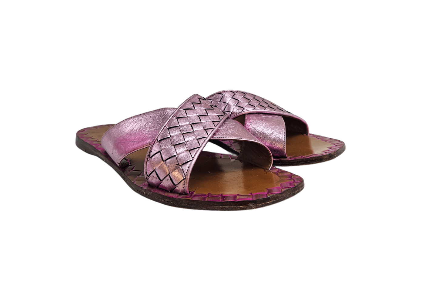 Bottega Veneta Pink Intrecciato Leather Flat Sandals Size EU 40