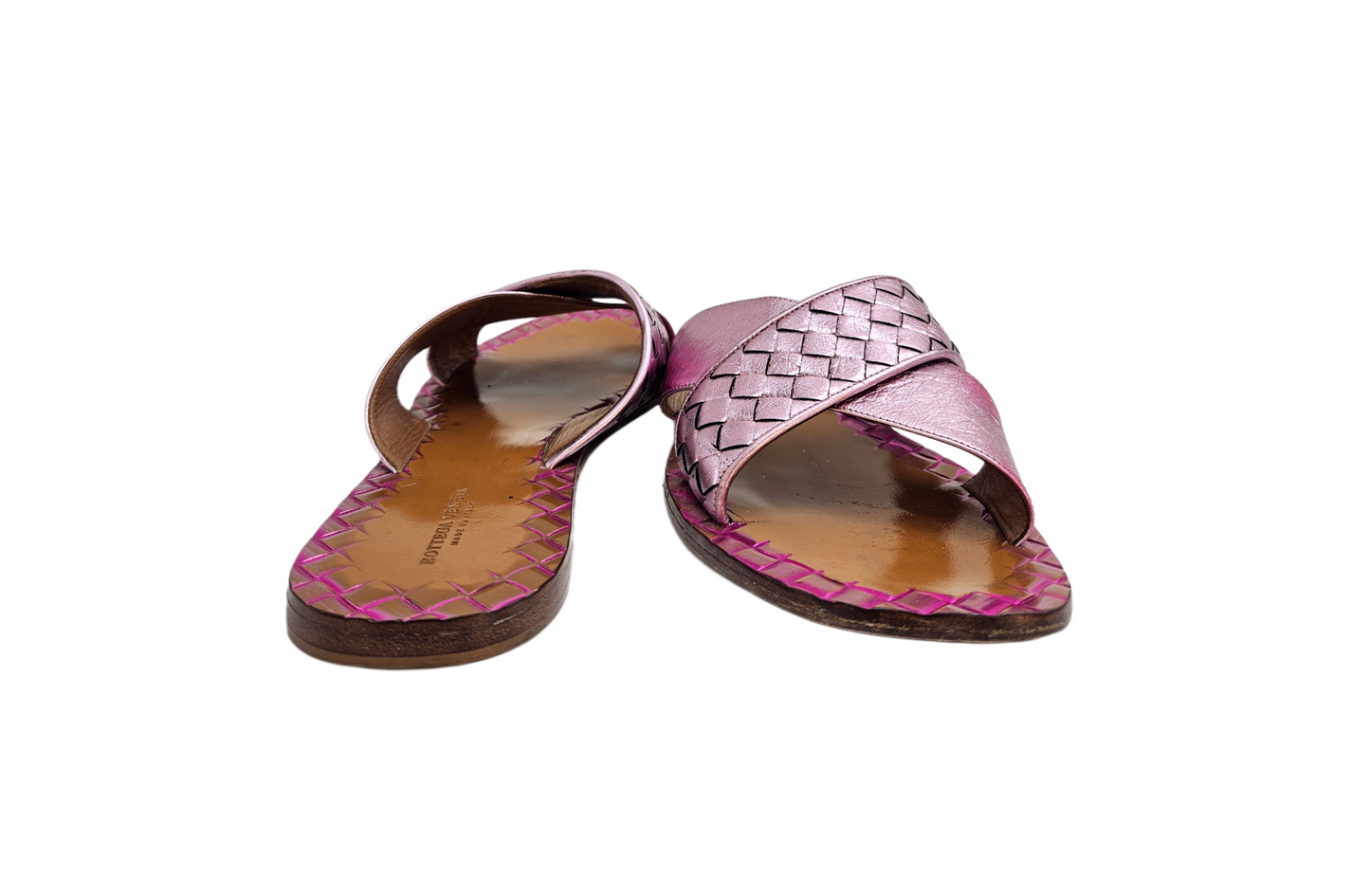 Bottega Veneta Pink Intrecciato Leather Flat Sandals Size EU 40