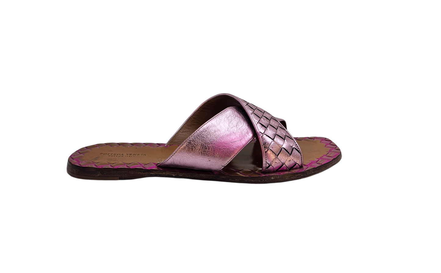 Bottega Veneta Pink Intrecciato Leather Flat Sandals Size EU 40