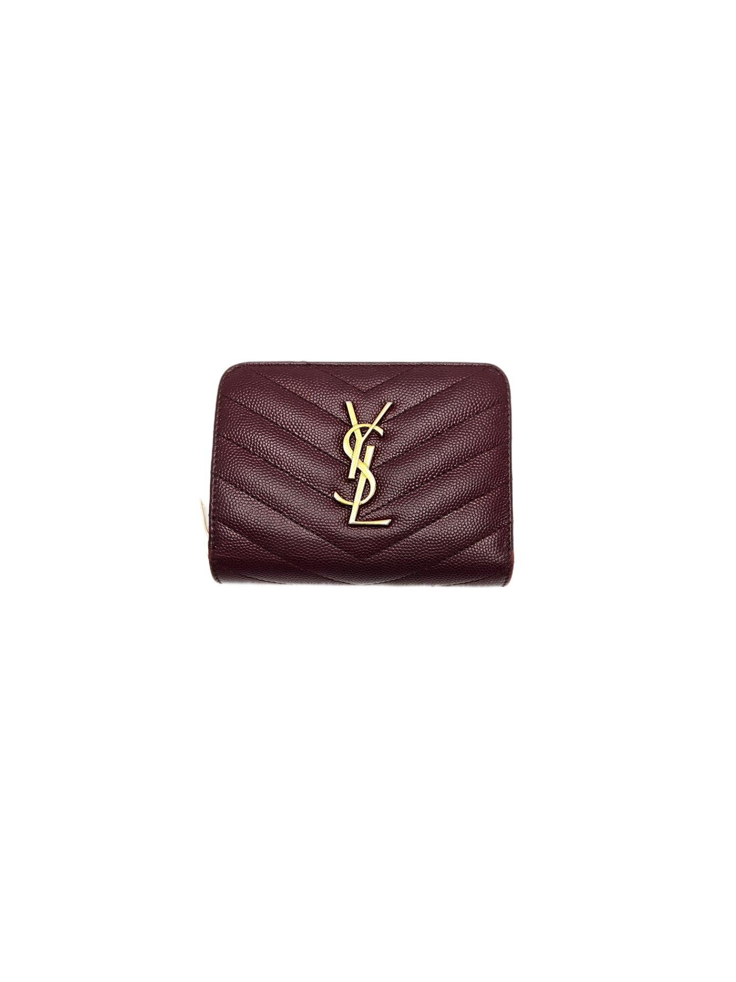 Saint Laurent Grain De Poudre Matelasse Chevron Monogram Compact Zip Around Wallet Bordeaux