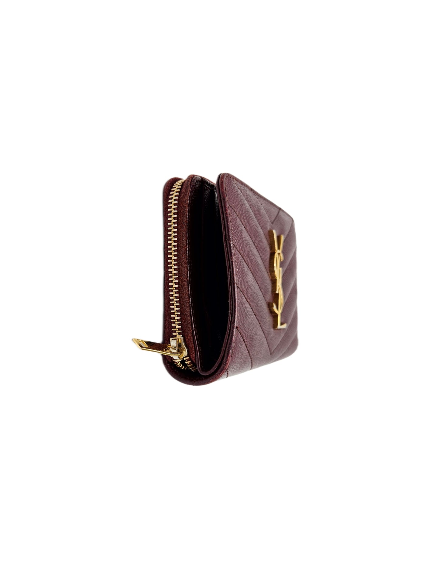 Saint Laurent Grain De Poudre Matelasse Chevron Monogram Compact Zip Around Wallet Bordeaux