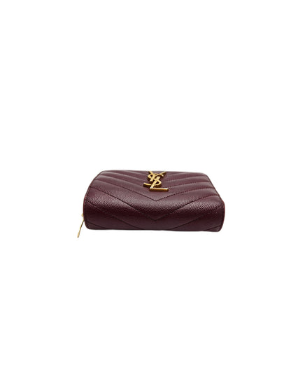 Saint Laurent Grain De Poudre Matelasse Chevron Monogram Compact Zip Around Wallet Bordeaux