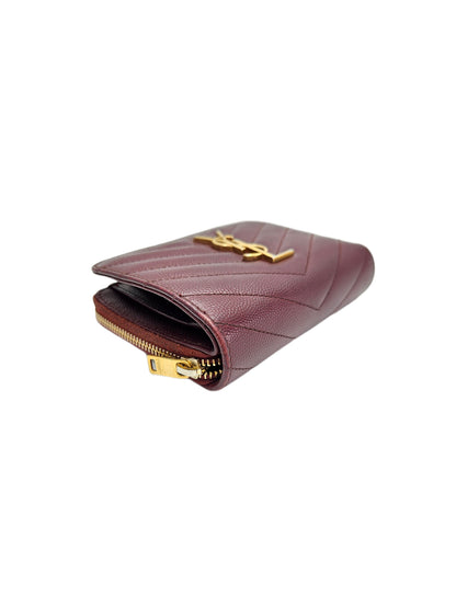 Saint Laurent Grain De Poudre Matelasse Chevron Monogram Compact Zip Around Wallet Bordeaux