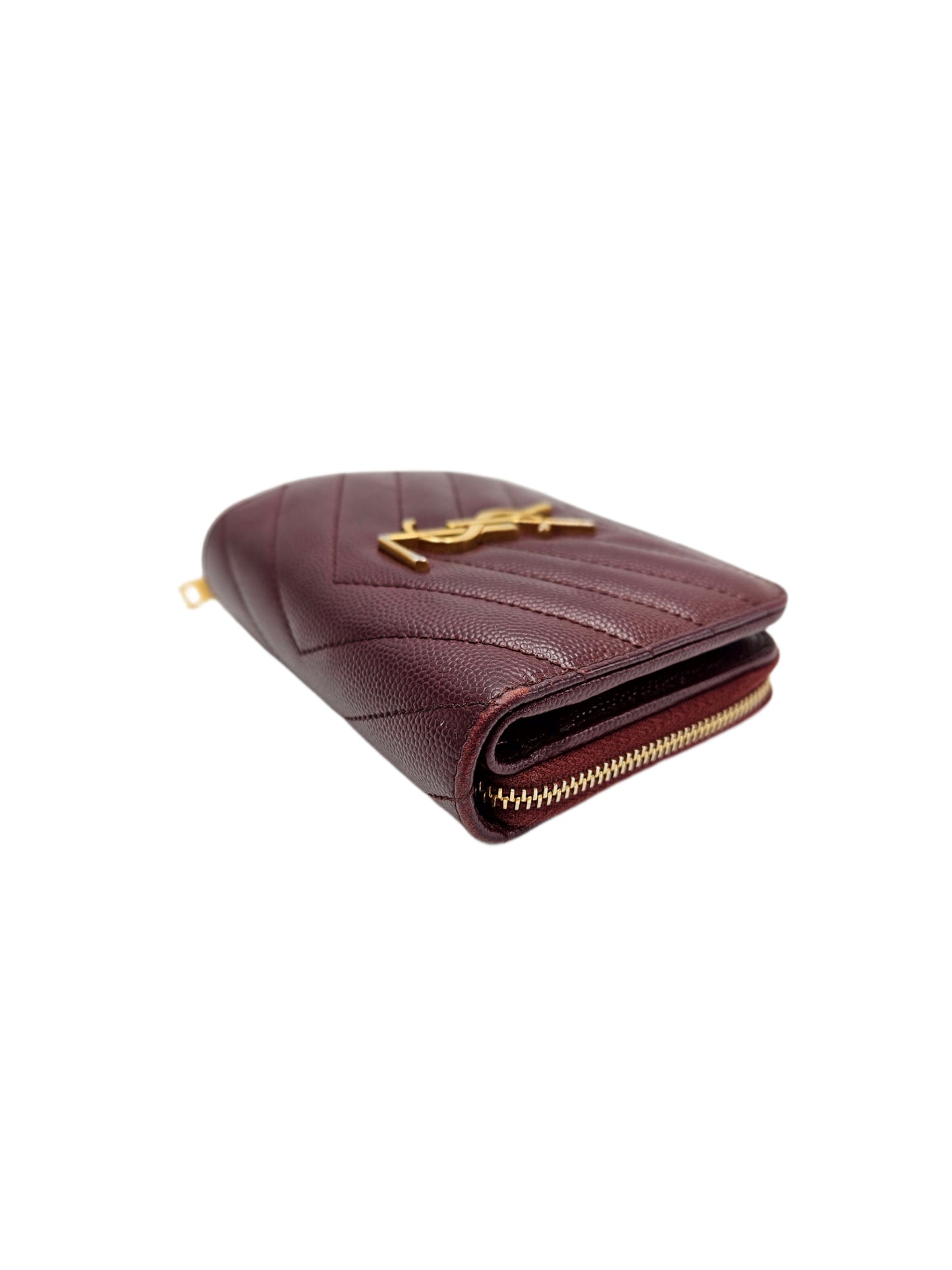 Saint Laurent Grain De Poudre Matelasse Chevron Monogram Compact Zip Around Wallet Bordeaux