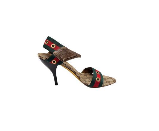 Gucci Green/Red Web And Brown Leather Eyelet Embellished Ankle Strap Sandals Size EU 39