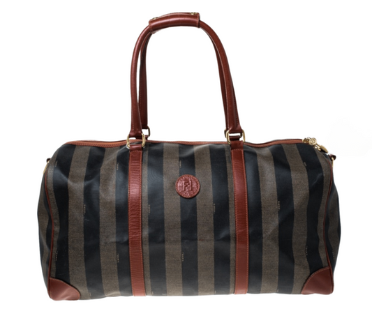 Fendi Pequin Stripe Coated Canvas and Leather Boston Duffle Bag