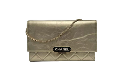 Chanel Metallic Gold Quilted Leather Retro Label Flap Bag