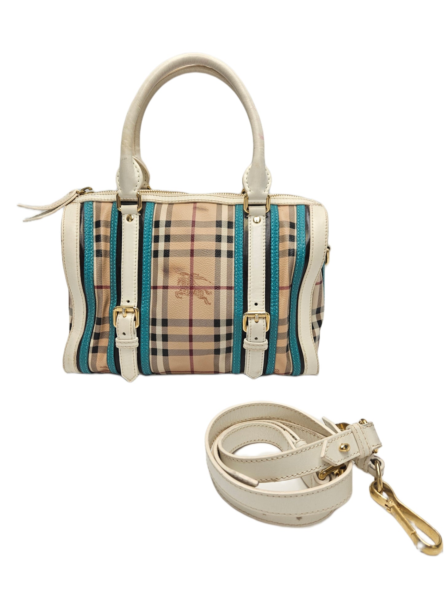 Burberry Haymarket Check Medium Alchester Bowling Bag White Aqua