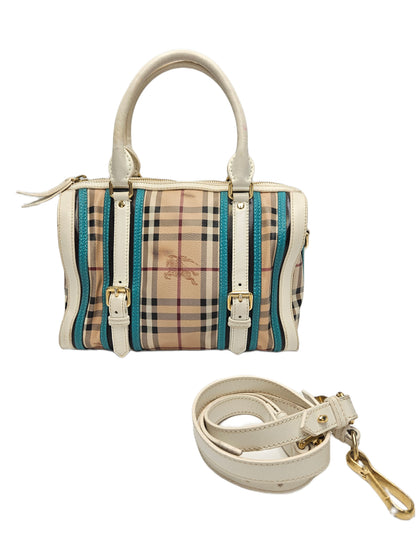 Burberry Haymarket Check Medium Alchester Bowling Bag White Aqua