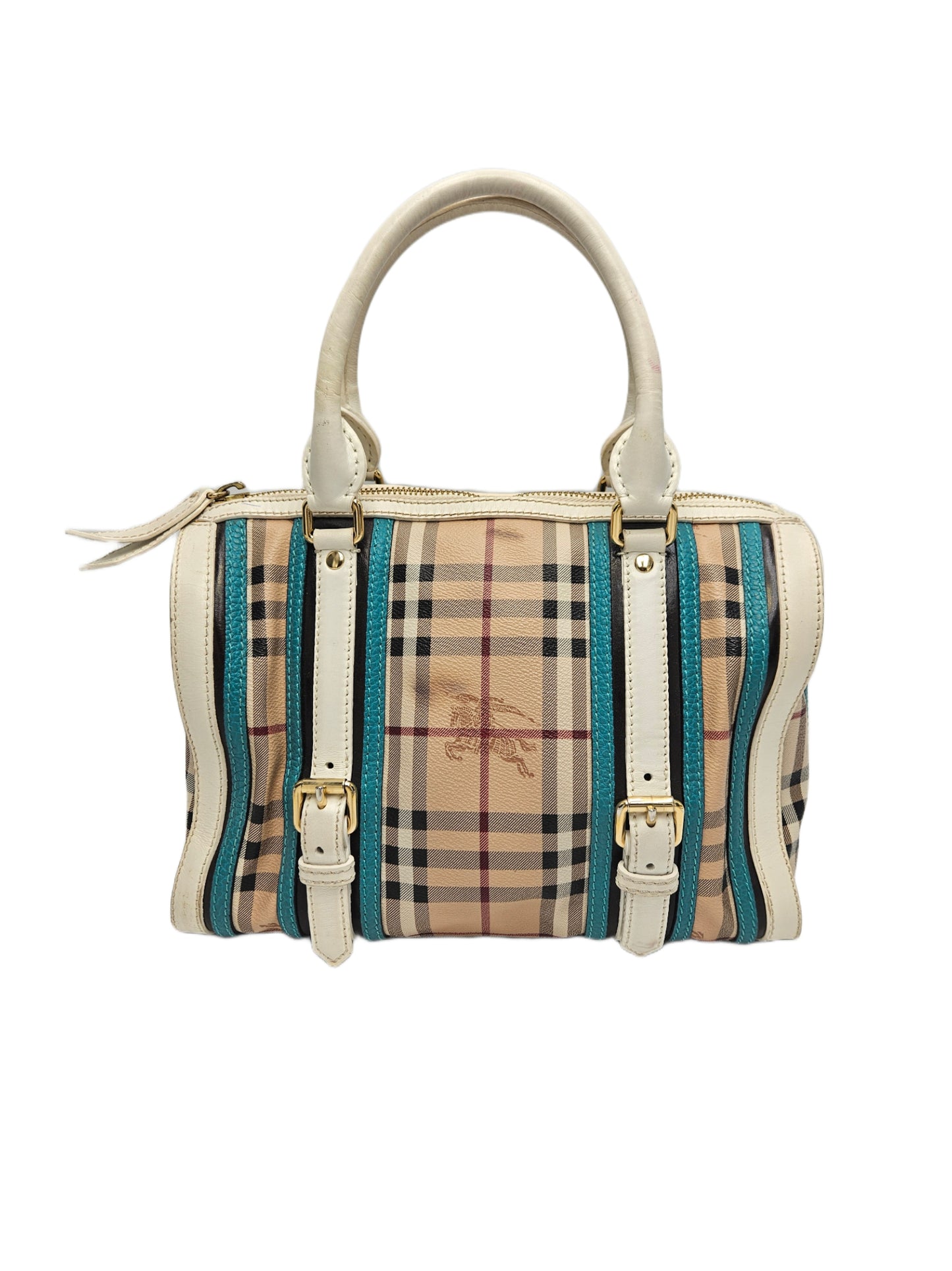 Burberry Haymarket Check Medium Alchester Bowling Bag White Aqua