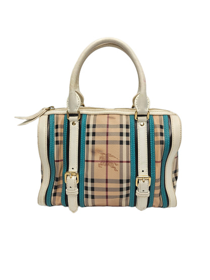 Burberry Haymarket Check Medium Alchester Bowling Bag White Aqua