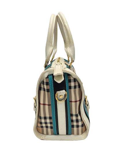 Burberry Haymarket Check Medium Alchester Bowling Bag White Aqua