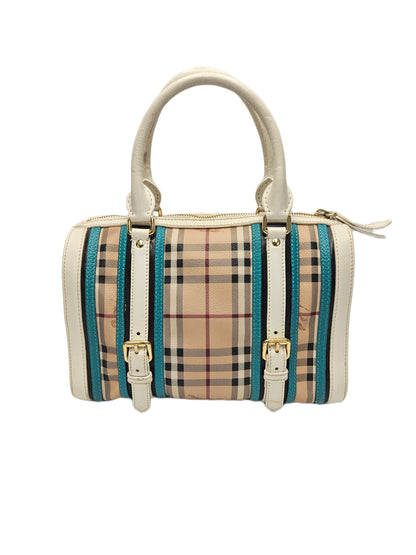 Burberry Haymarket Check Medium Alchester Bowling Bag White Aqua