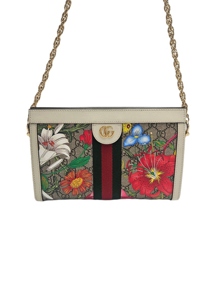 Gucci Off-White GG Supreme Canvas and Leather Small Ophidia Floral Chain Bag