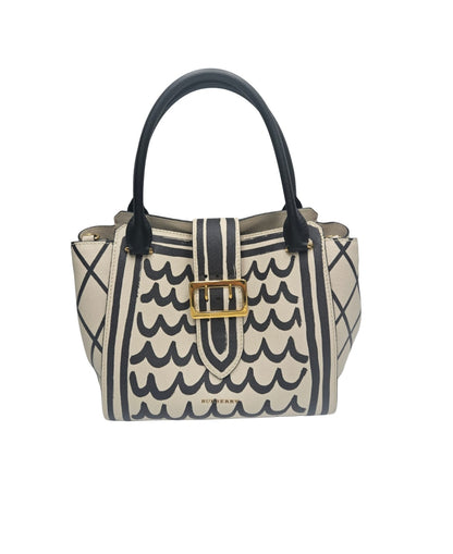 Burberry  Soft Grain Calfskin L'oeil Print Medium Buckle Tote Limestone