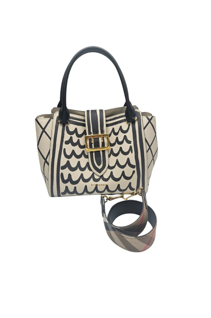 Burberry  Soft Grain Calfskin L'oeil Print Medium Buckle Tote Limestone