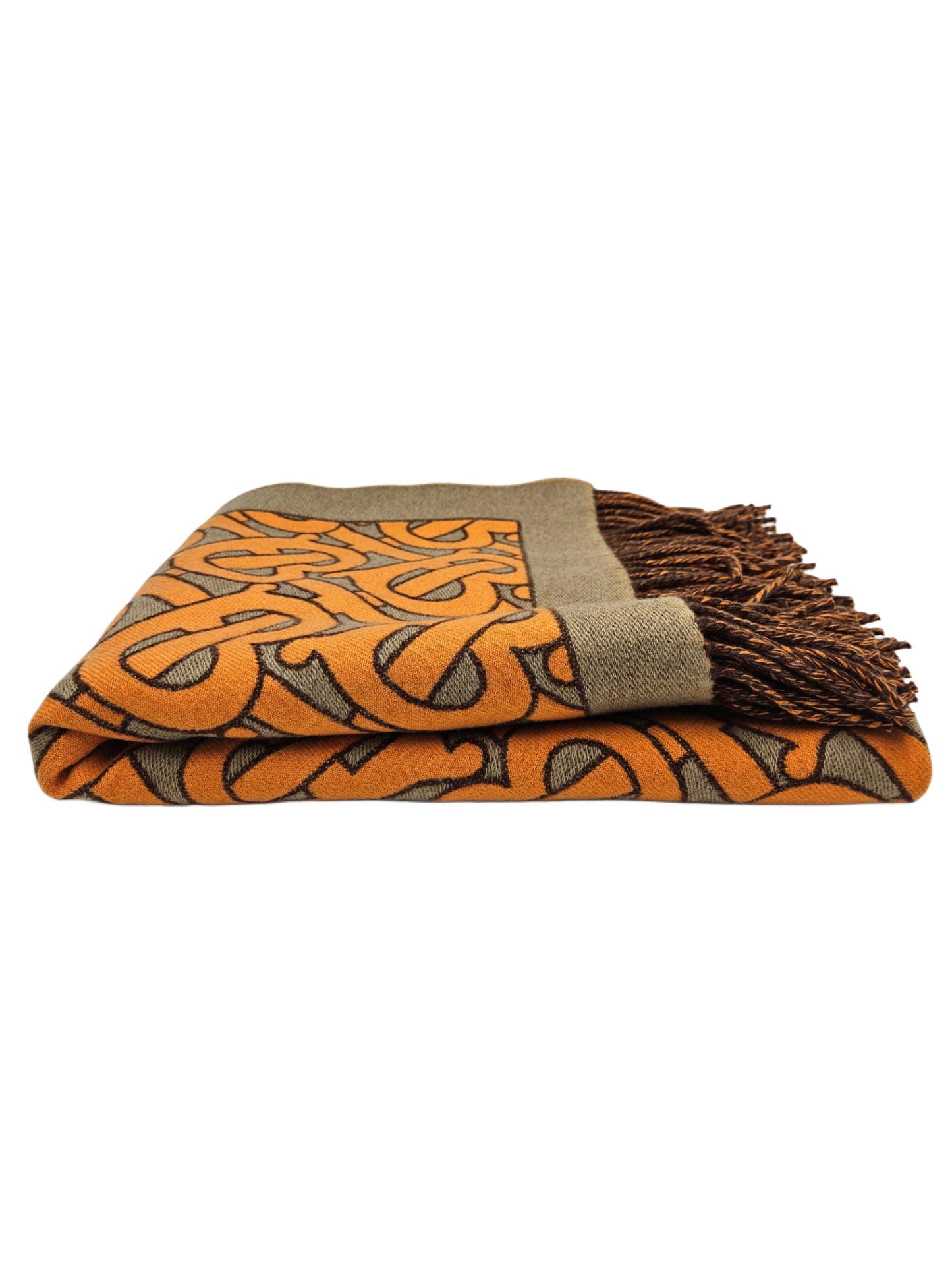 Burberry Orange & Beige TB Monogram Wool & Cashmere Fringed Throw