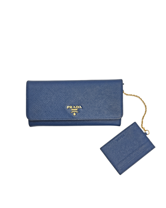 Prada Blue Saffiano Lux Leather Continental Wallet