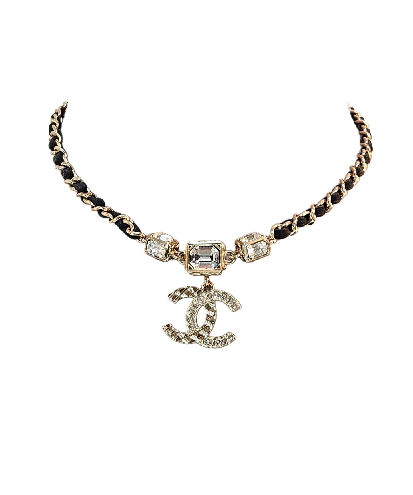 Chanel CC Crystal embelished leather & gold necklace