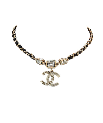 Chanel CC Crystal embelished leather & gold necklace