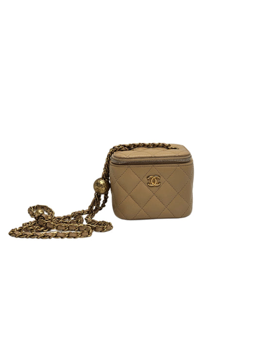 Chanel Lambskin Quilted Pearl Crush Mini Vanity Case With Chain Beige