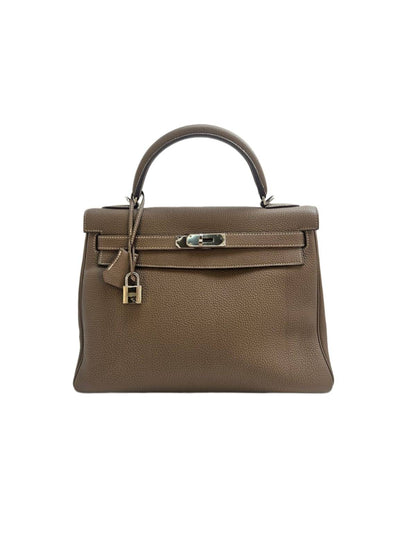 Hermes Kelly Retourne 32 Taupe Grey Togo Leather Palladium Bag