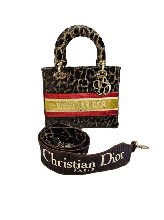 Christian Dior Brown Velvet Medium Mizza Leopard Embroidered Lady D-Lite Tote