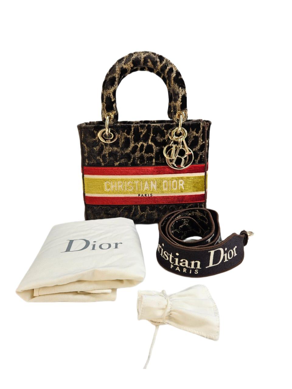 Christian Dior Brown Velvet Medium Mizza Leopard Embroidered Lady D-Lite Tote